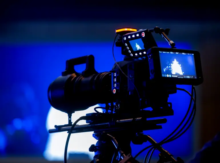 Pedestal camera positioned on the set